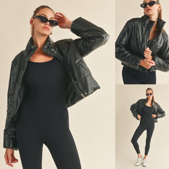 Tatum Puffer Crop Jacket | Women's Black Cropped Fall Fashion - Picture 1 of 7